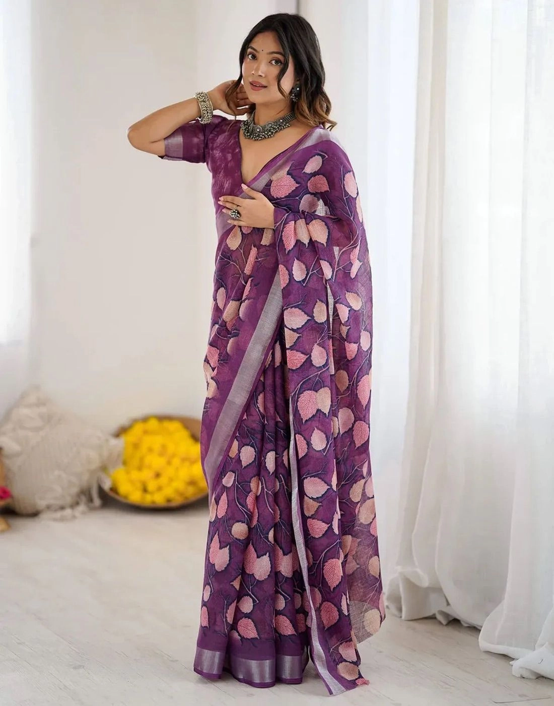 Magenta colour linen cotton saree with flower digital printed 1