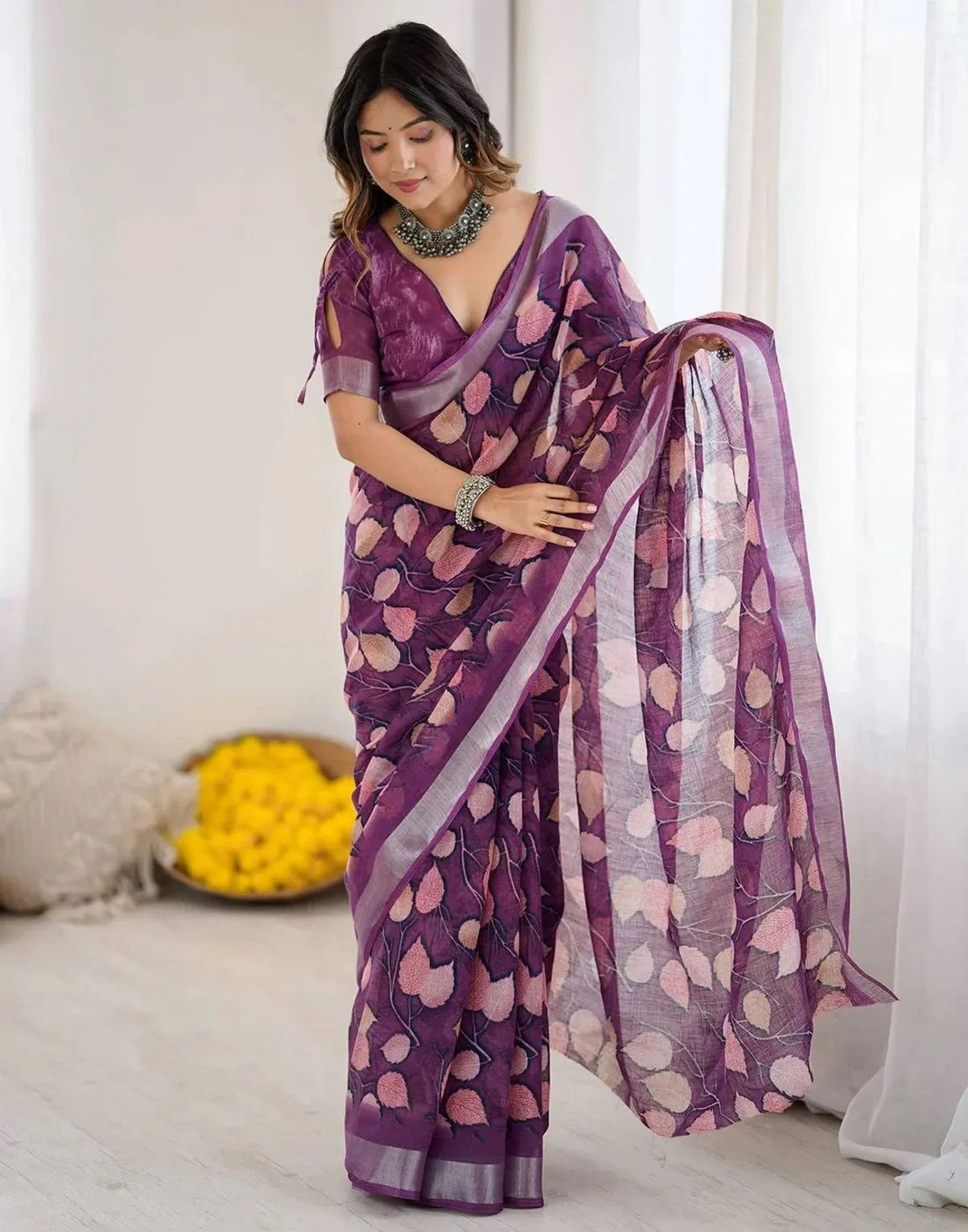 Magenta colour linen cotton saree with flower digital printed 2