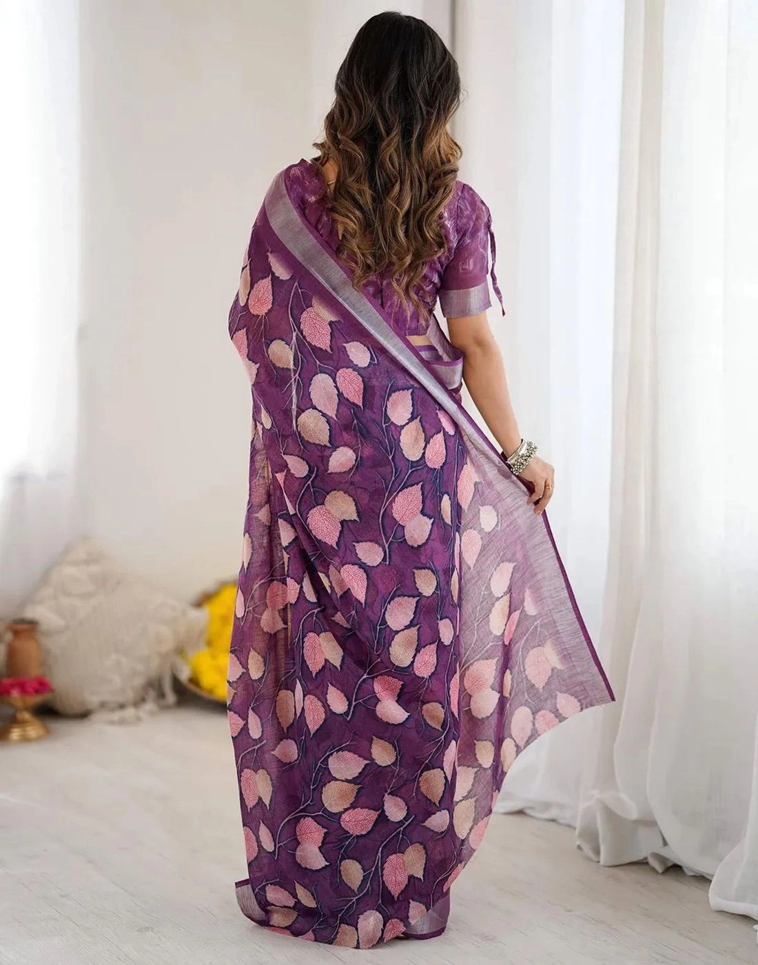 Magenta colour linen cotton saree with flower digital printed 3