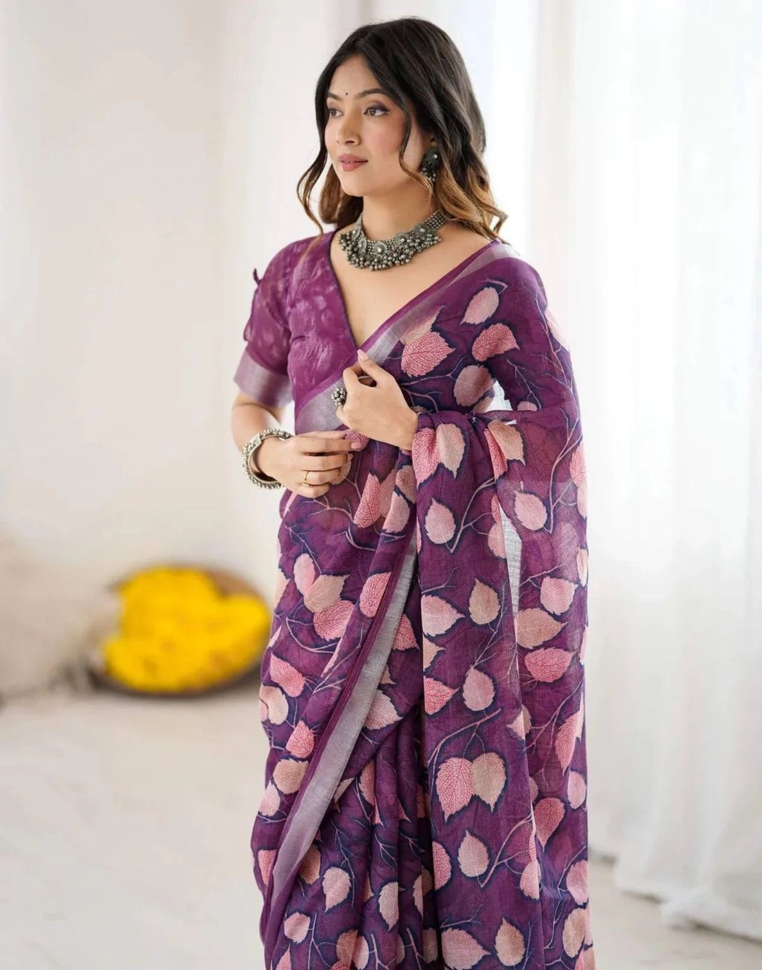 Magenta colour linen cotton saree with flower digital printed 4