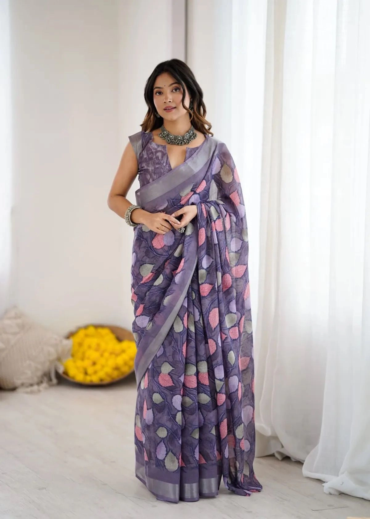 Lavender colour linen cotton saree with flower digital printed work 1