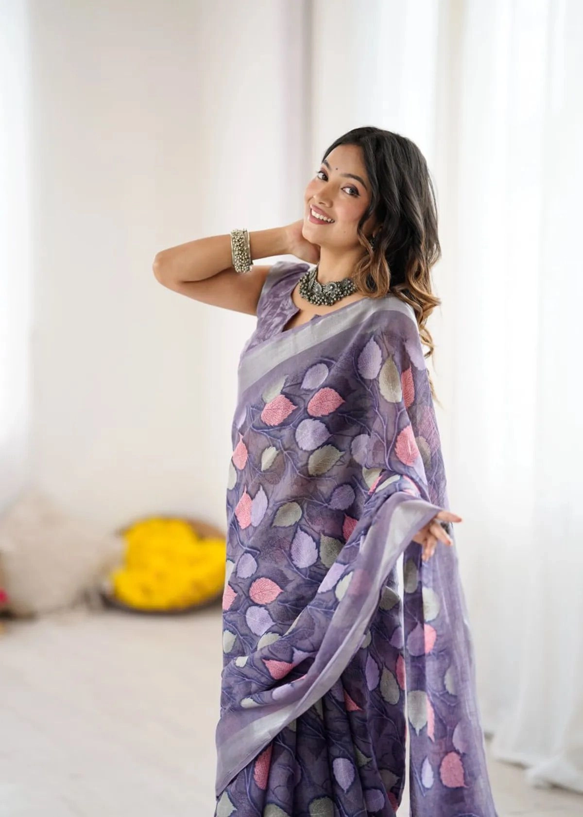 Lavender colour linen cotton saree with flower digital printed work 2