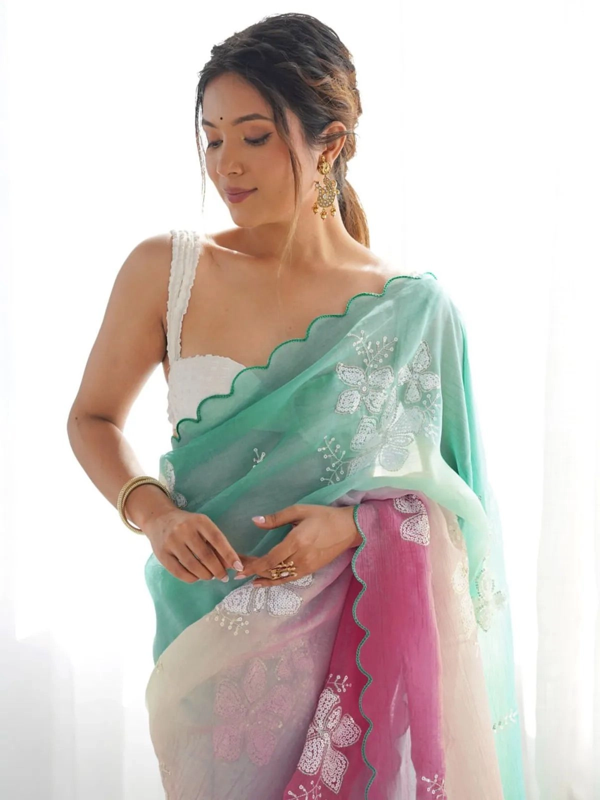 Swarna - Multi color soft crush silk saree with fancy embroidery 1