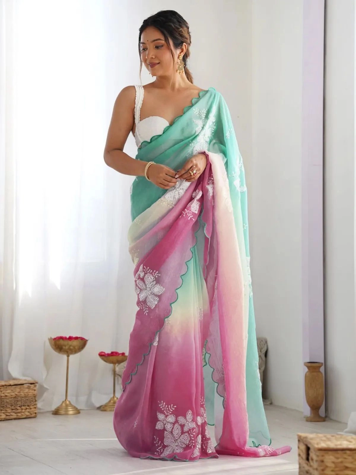 Swarna - Multi color soft crush silk saree with fancy embroidery 3
