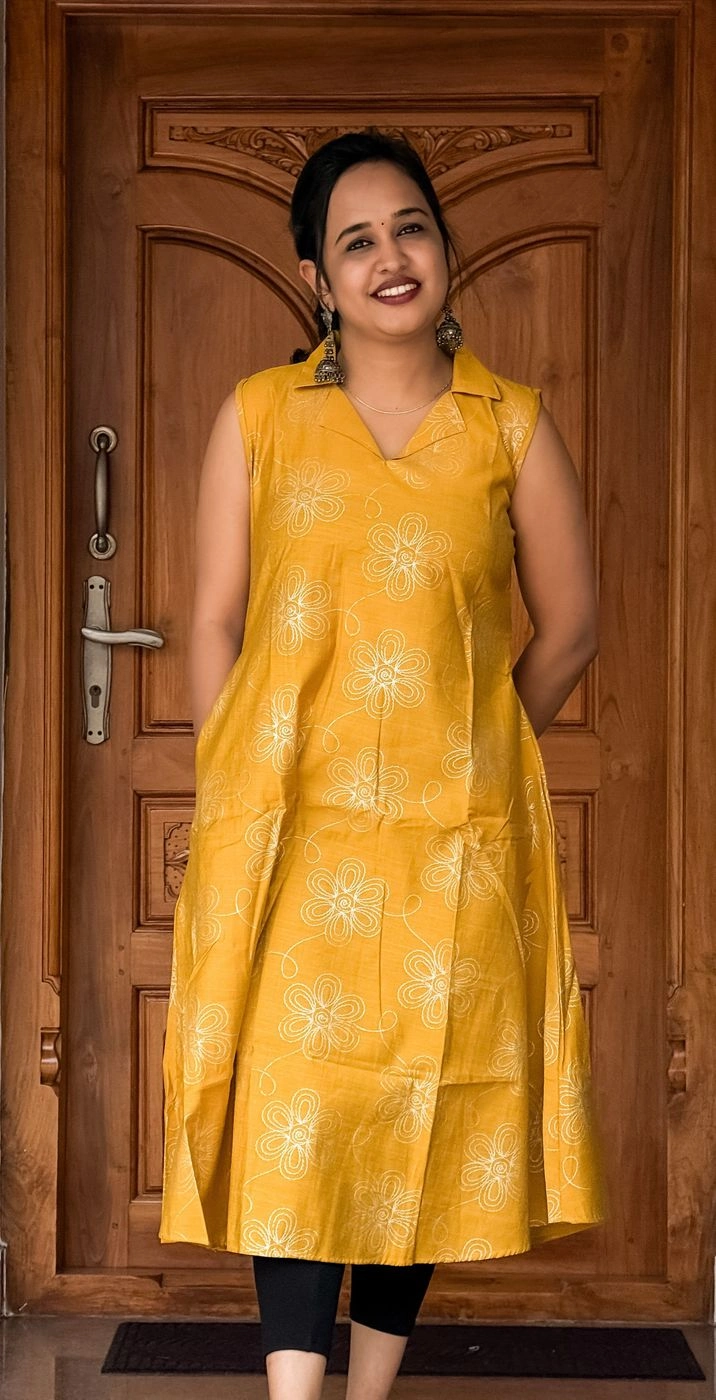 BloomVibe Yellow Floral Long Kurti