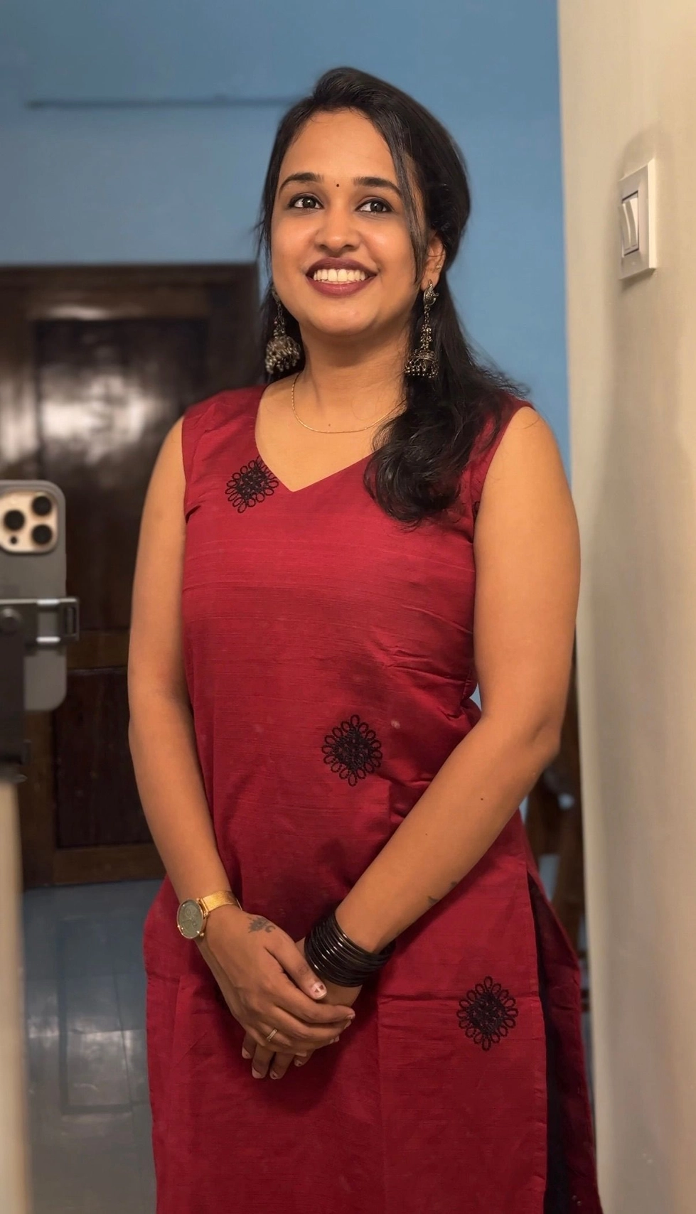 Maroon Pink Kurti with Black Embroidery