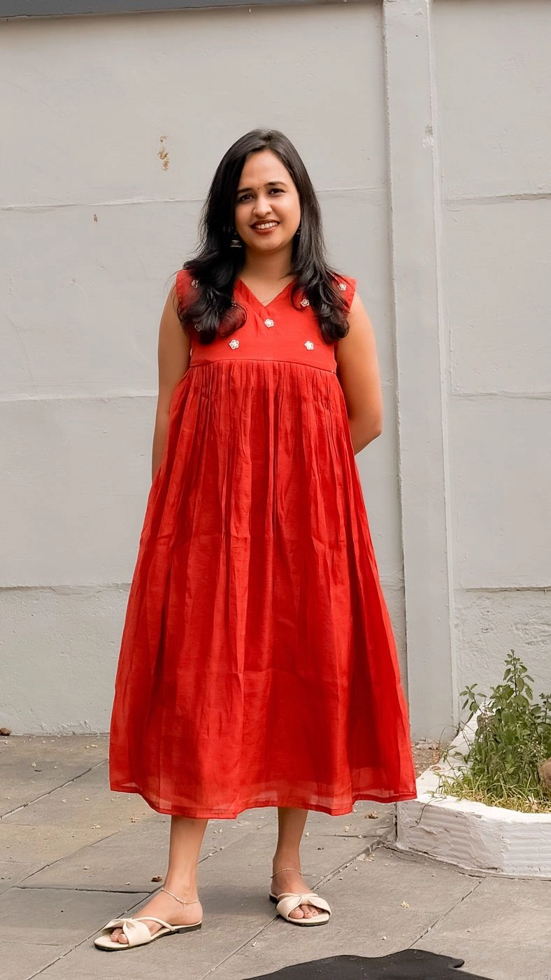 Brick Colour Mulchanderi Frock ❤️ Summer Wear