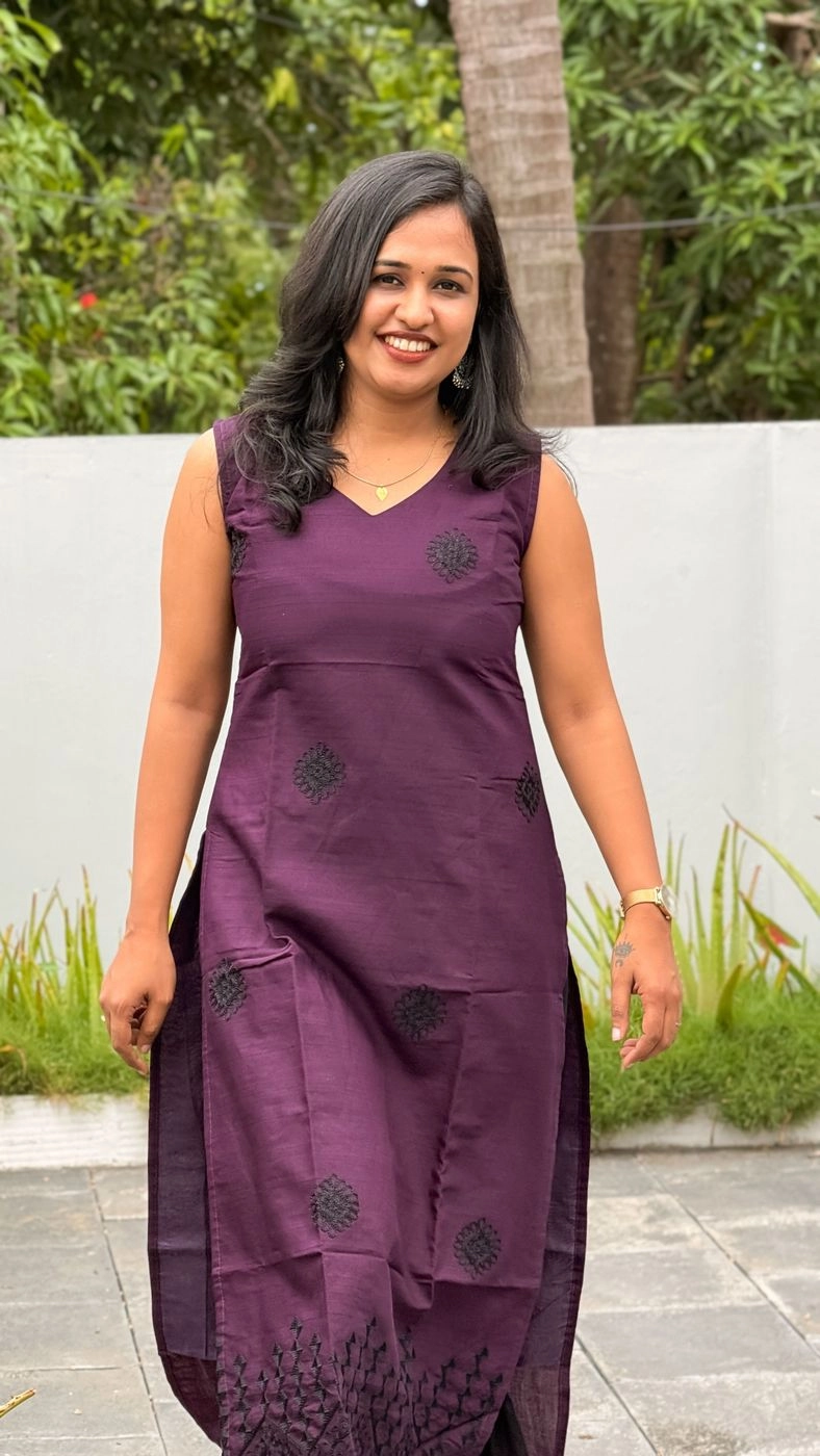 Elegant Grape Wine Long Kurti with Black Embroidery