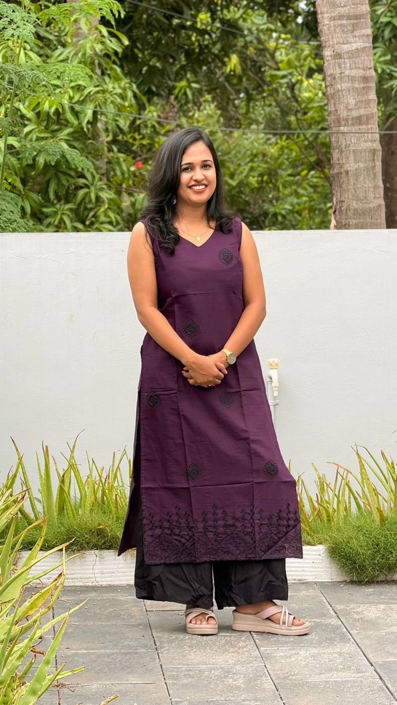 Elegant Grape Wine Long Kurti with Black Embroidery