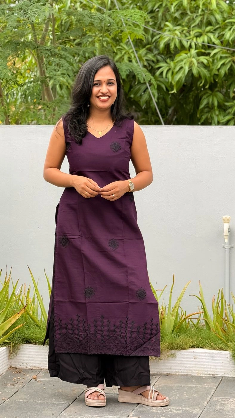 Elegant Grape Wine Long Kurti with Black Embroidery