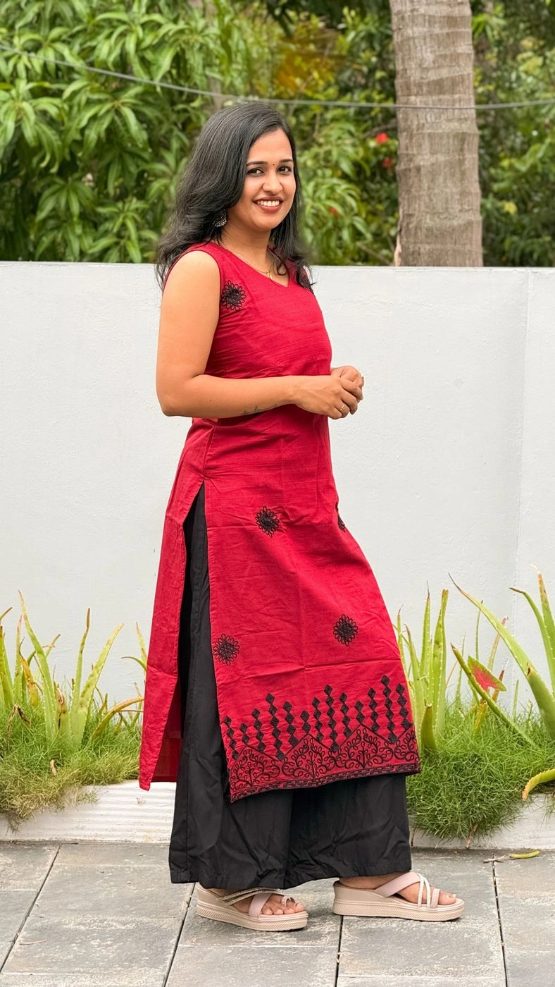 Maroon Pink Kurti with Black Embroidery