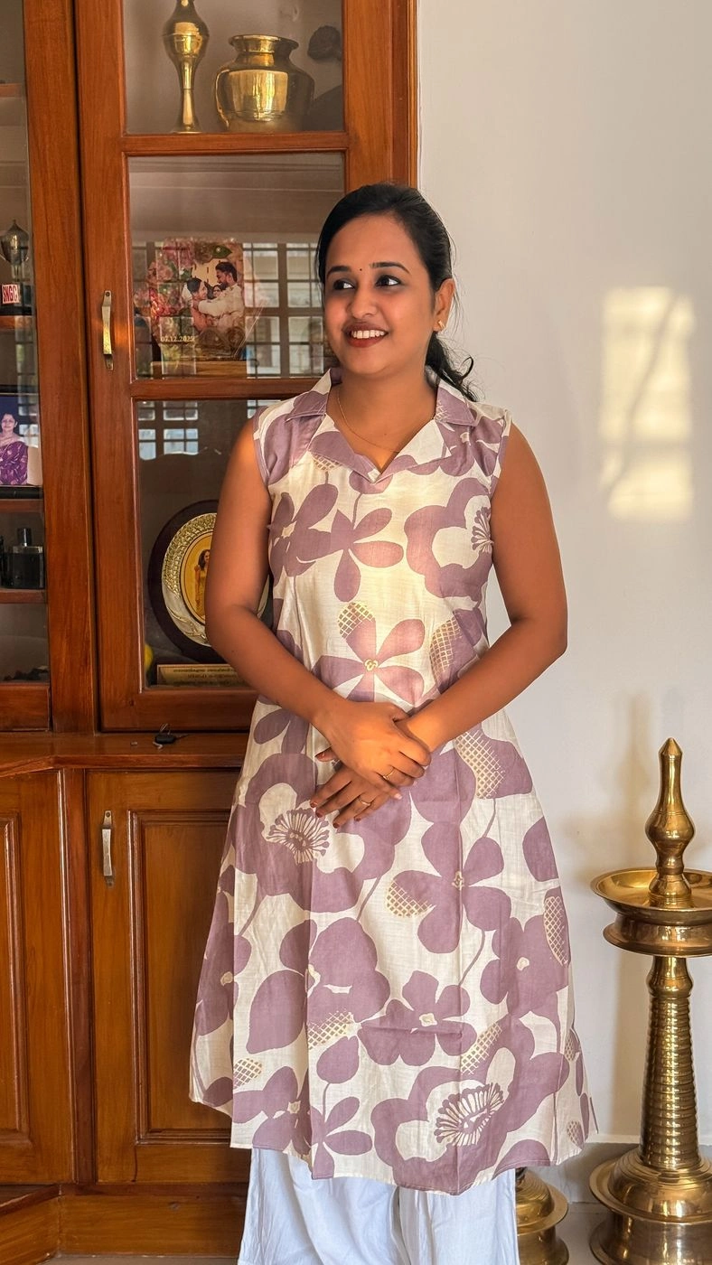 White and Purple Floral Kurti 3