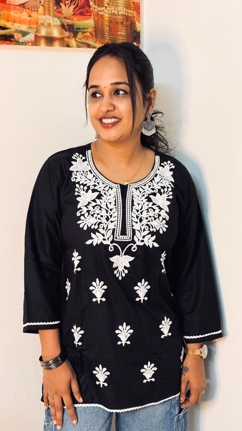 Black and White Embroidery Short Kurti🖤