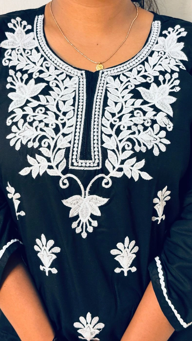 Black and White Embroidery Short Kurti🖤