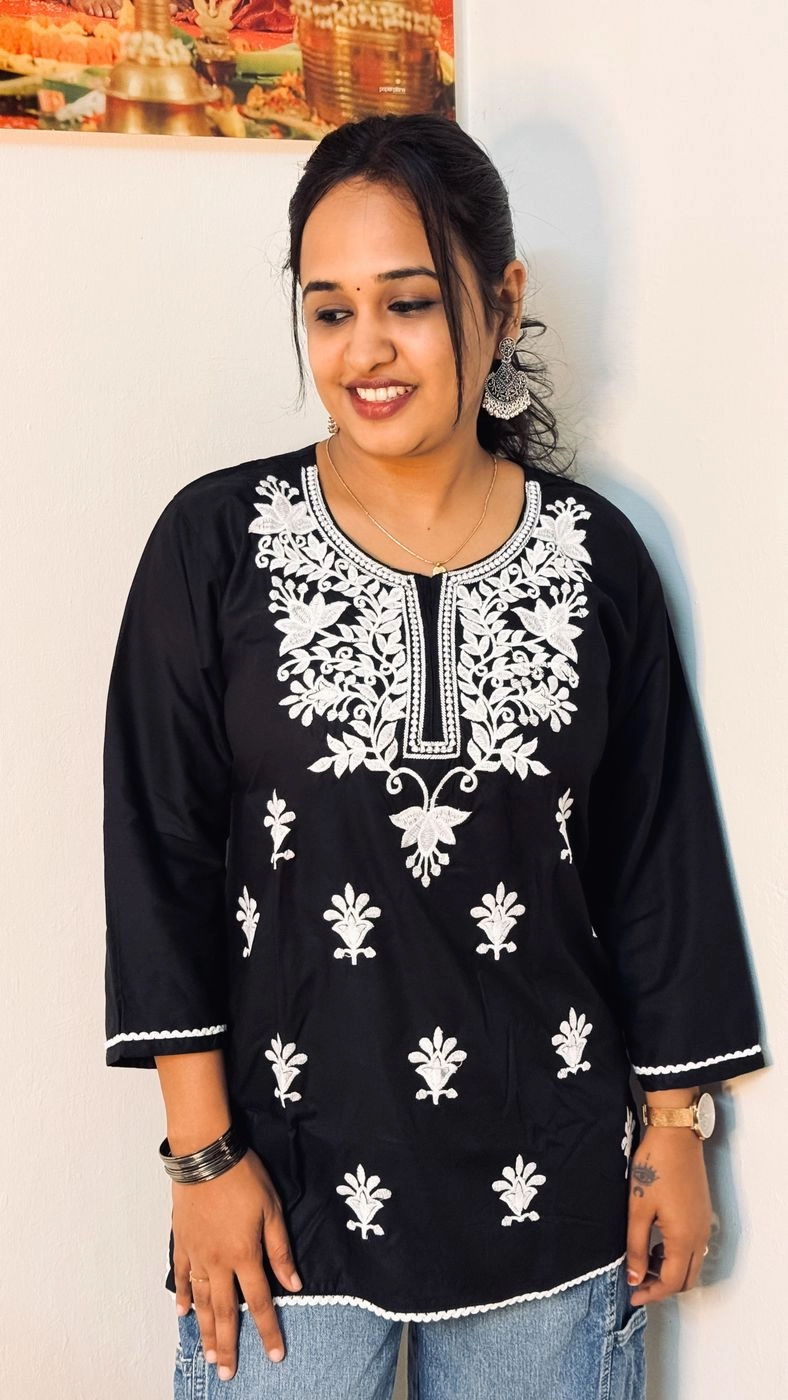 Black and White Embroidery Short Kurti🖤 3