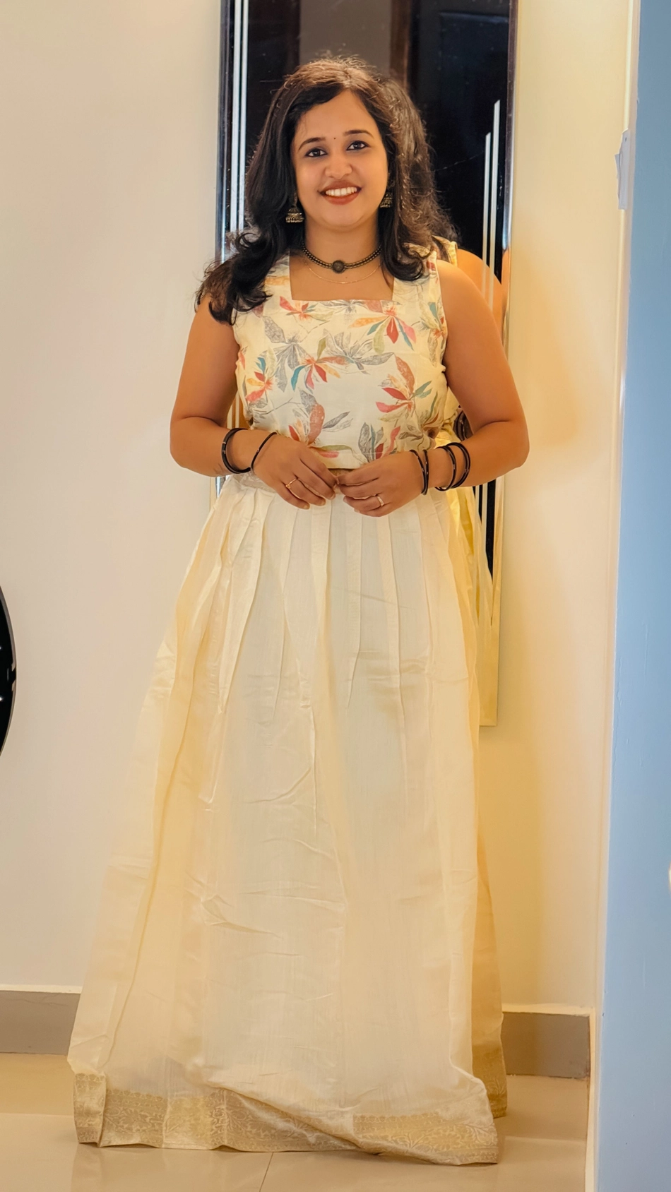 Beige Floral Printed Skirt & Crop Top Set