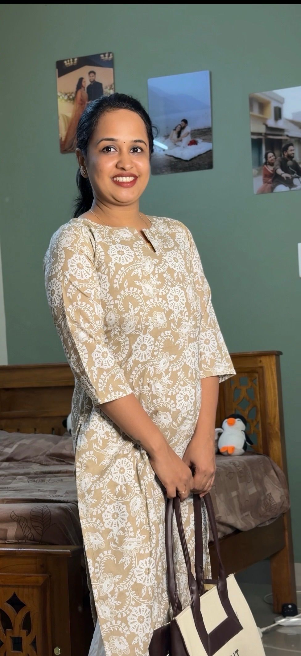 Beige Floral Pure Cotton Kurti🧡