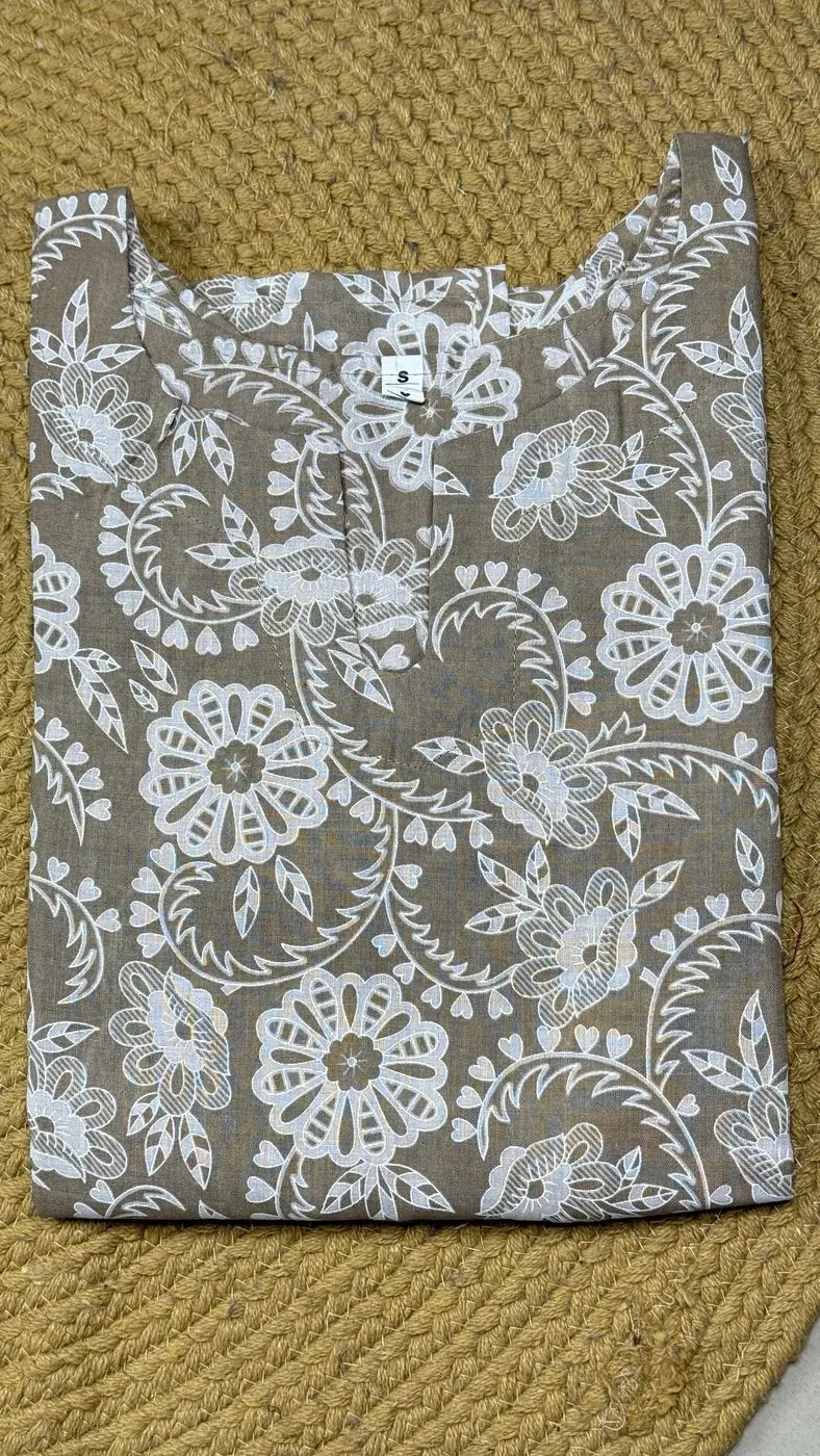 Beige Floral Pure Cotton Kurti🧡