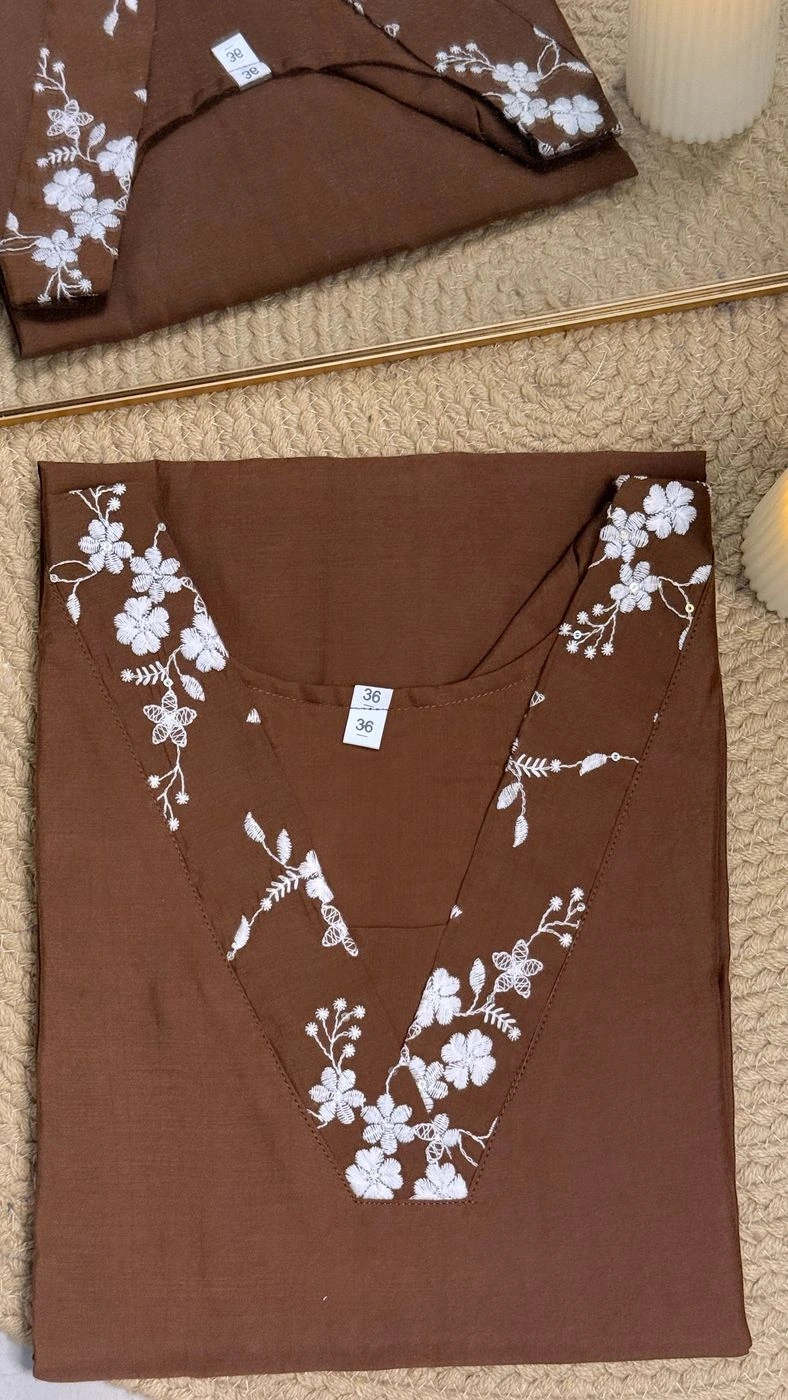 Elegant Brown Kurti with White Floral Embroidery 🤎 5