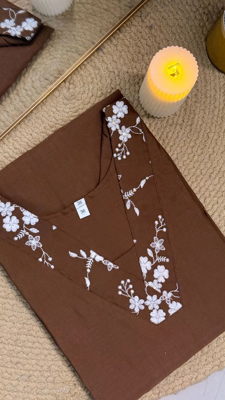 Elegant Brown Kurti with White Floral Embroidery 🤎 2