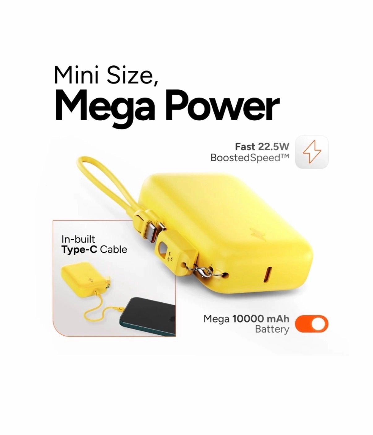 10000 mAh 22.5 W Power Bank (Yellow, Lithium-ion, Power Delivery 3.0, Quick Charge 3.0 for Mobile)