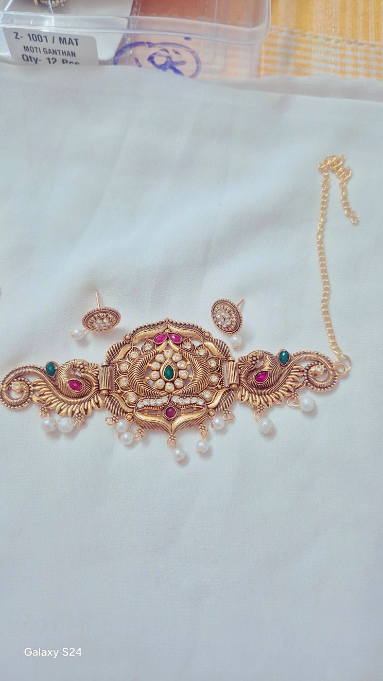Mayura Heritage: Antique Matte Gold Peacock Choker with Kemp Accents 1