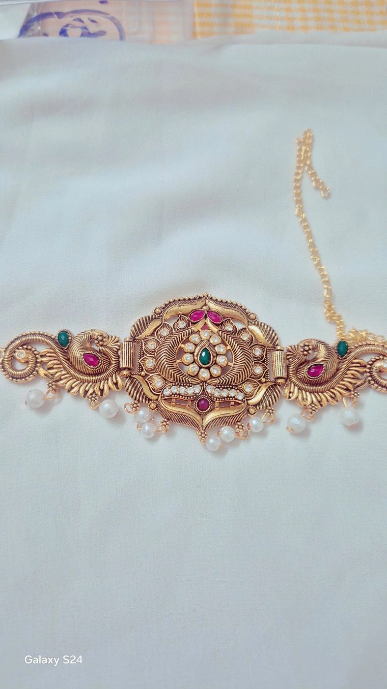 Mayura Heritage: Antique Matte Gold Peacock Choker with Kemp Accents 3