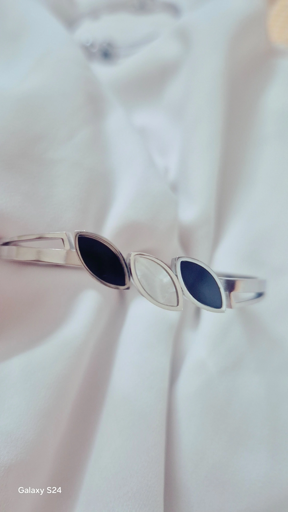 ​Eclipse Marquise Cuff: Trio Inlay Bangle in Polished Silver 1