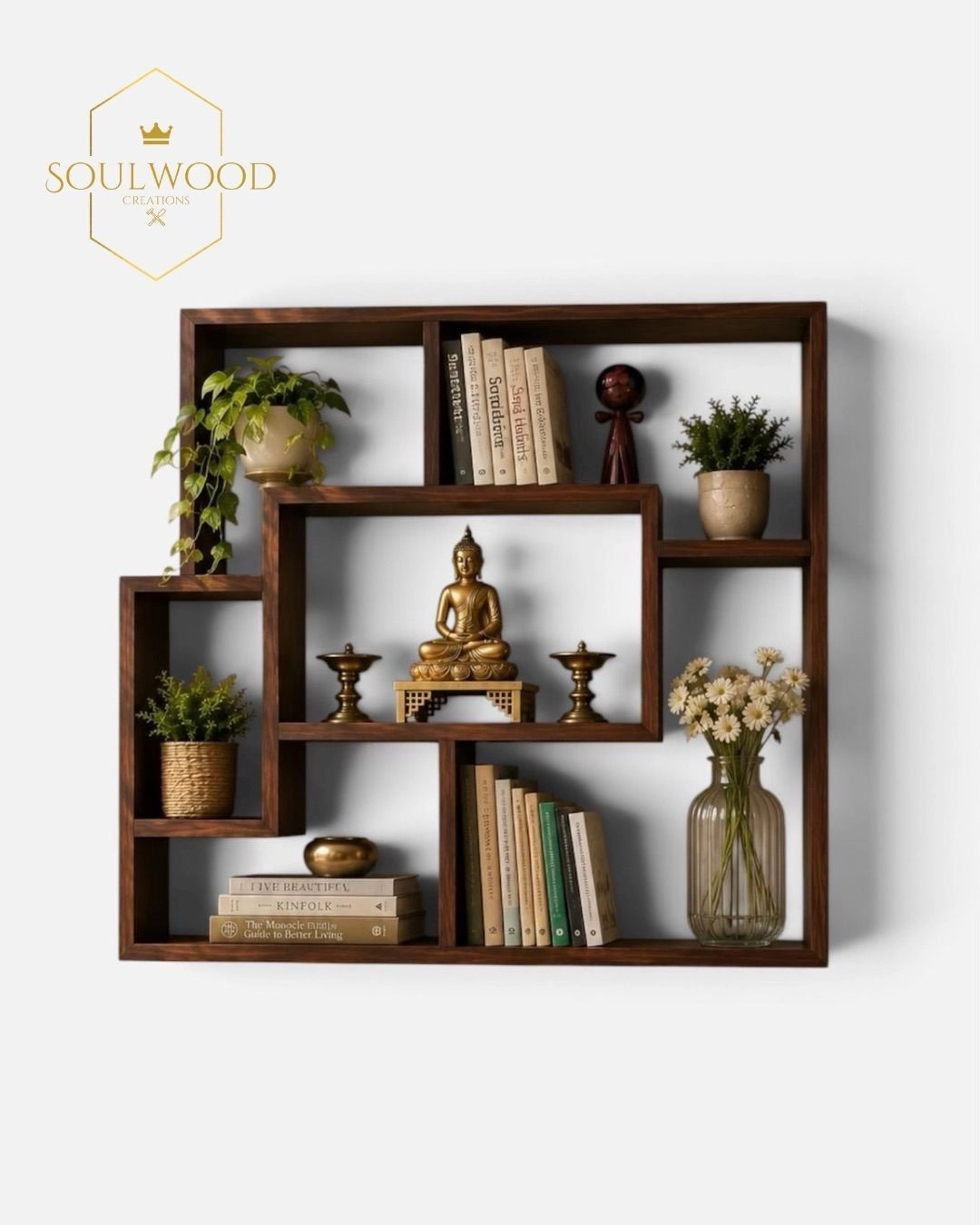 Multi-compartment wooden wall shelf