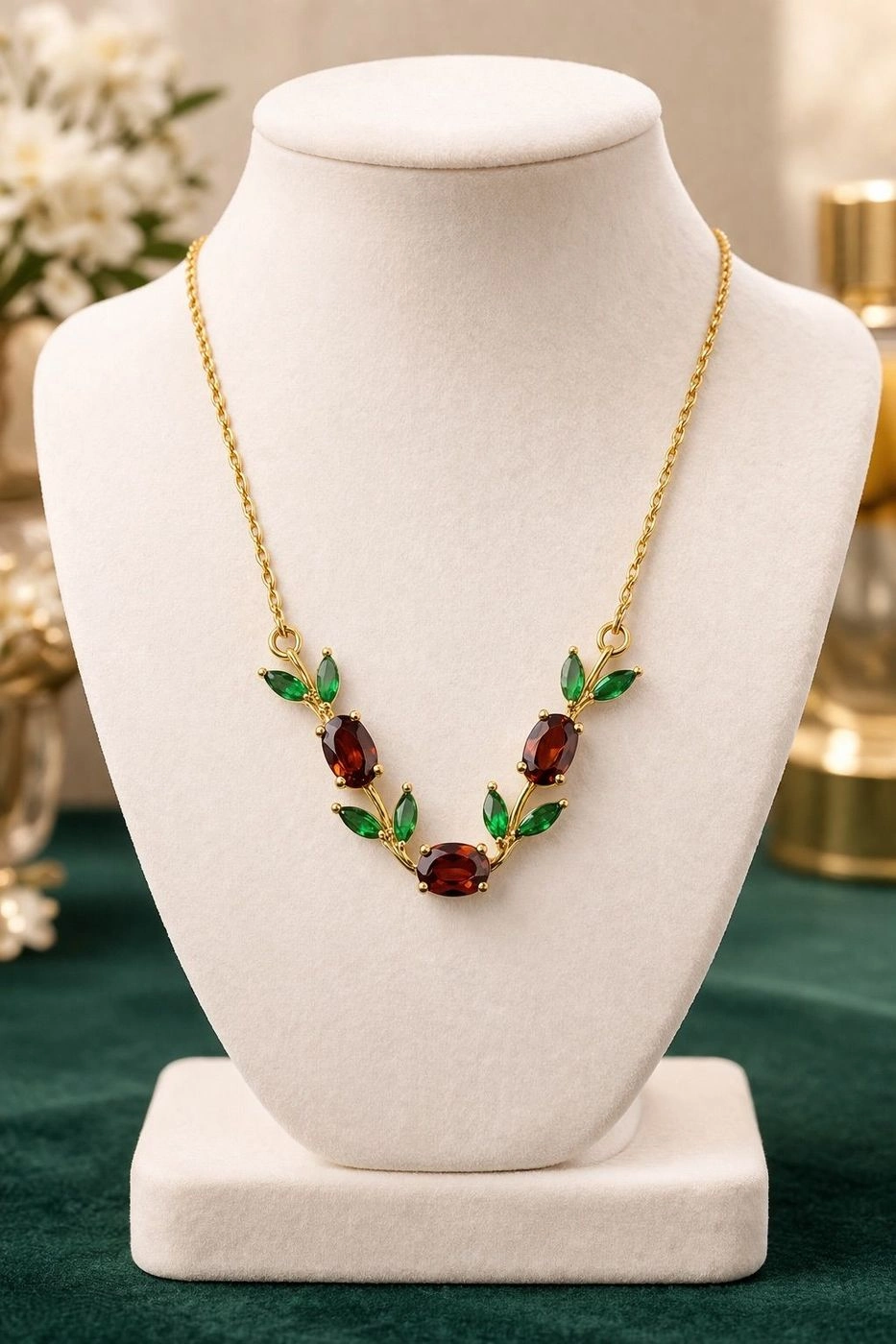 Emerald Garnet Leaf Necklace