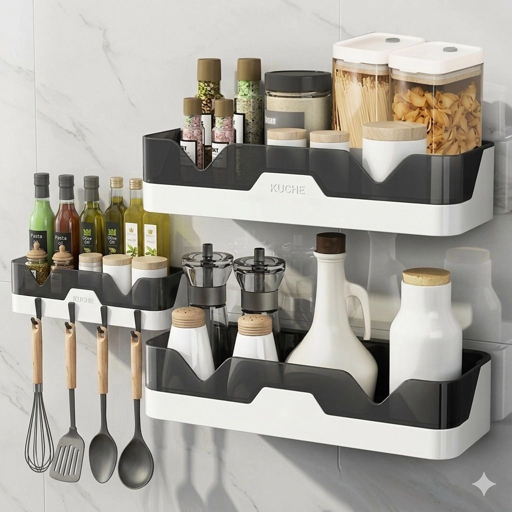 Adhesive Storage Rack, Wall Mounted Plastic Shelt Organizer for Bathroom
