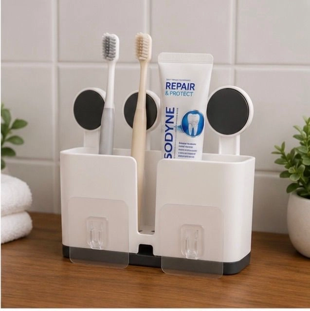 Wall Mounted 3 Compartment Toothbrush Holder With Adhesive Installation