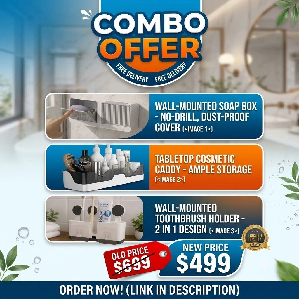 3-in-1 Premium Bathroom & Vanity Organizer Combo (Wall-Mounted Soap Box + Cosmetic Caddy + Toothbrush Holder)