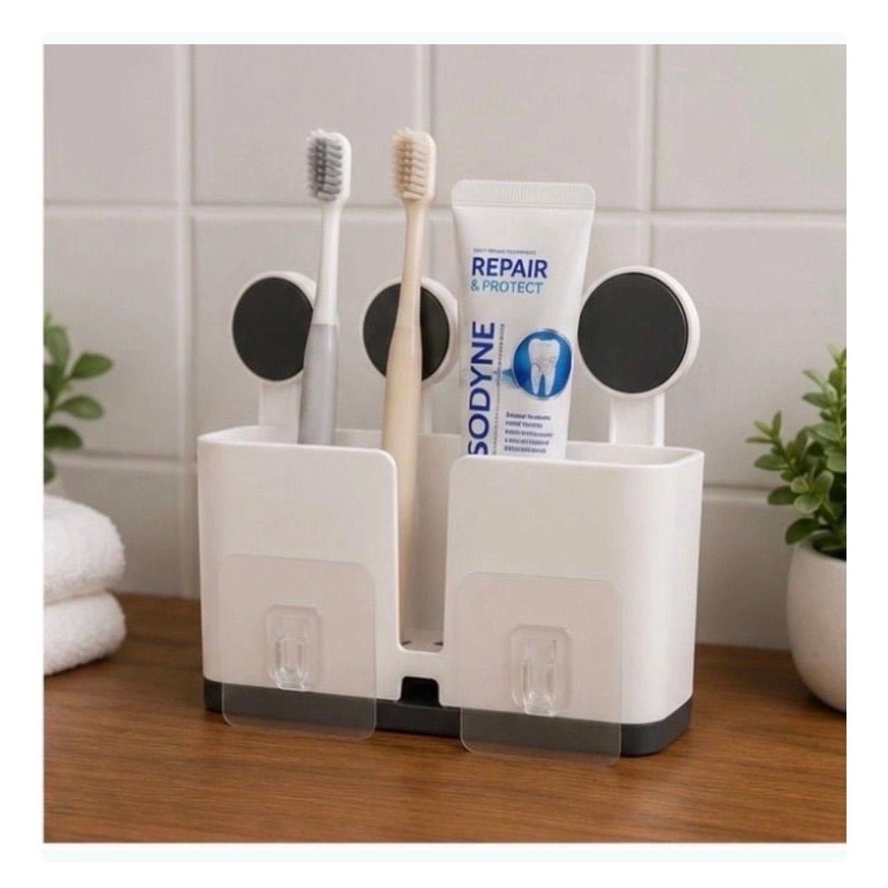 3-in-1 Premium Bathroom & Vanity Organizer Combo (Wall-Mounted Soap Box + Cosmetic Caddy + Toothbrush Holder) 8