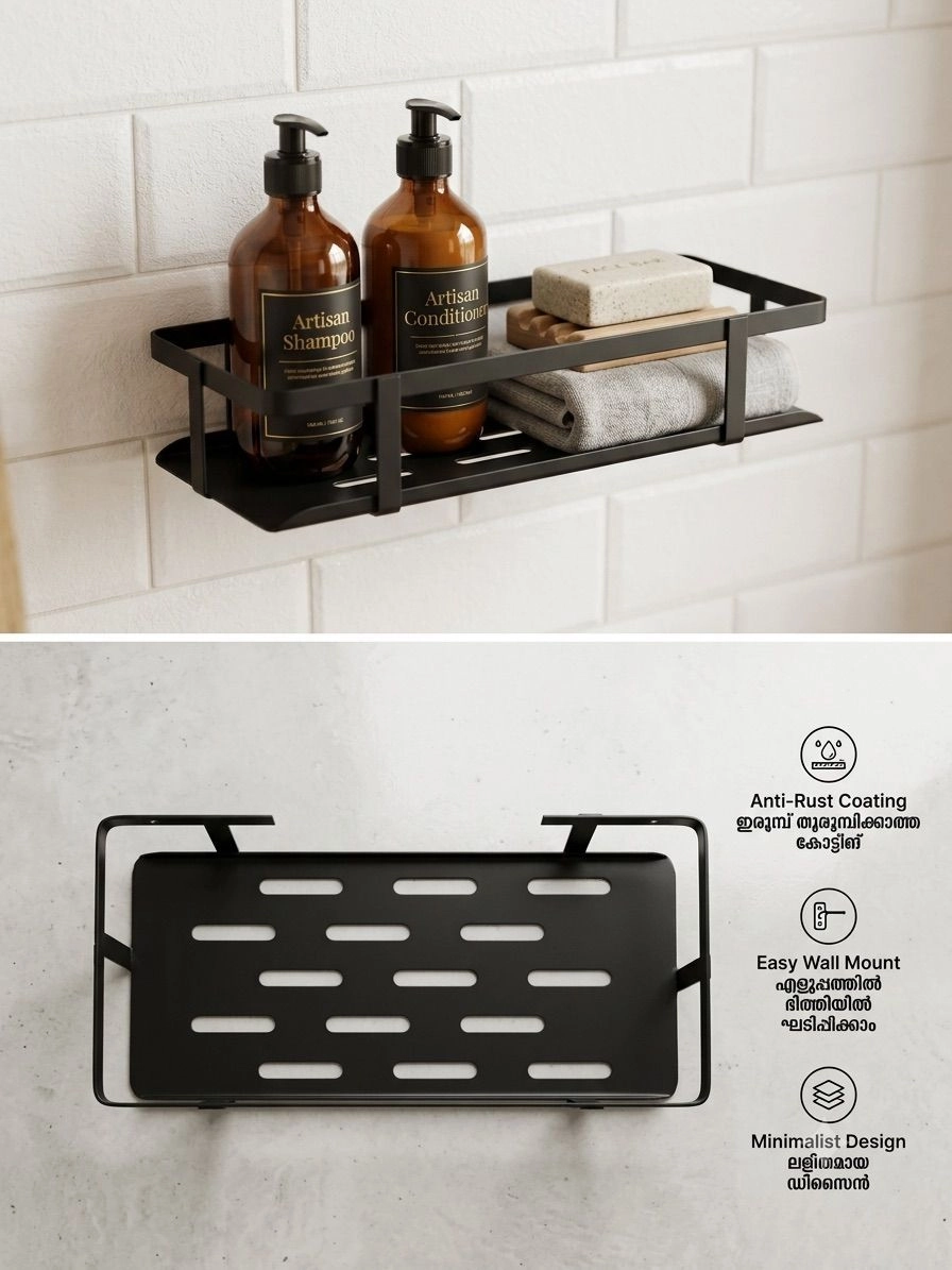 Wall Mounted Black Metal Bathroom Caddy | No-Drill Adhesive Shower Organiser Shelf with Anti-Rust Powder Coating for Shampoo, Soap & Cosmetics⁠ 1