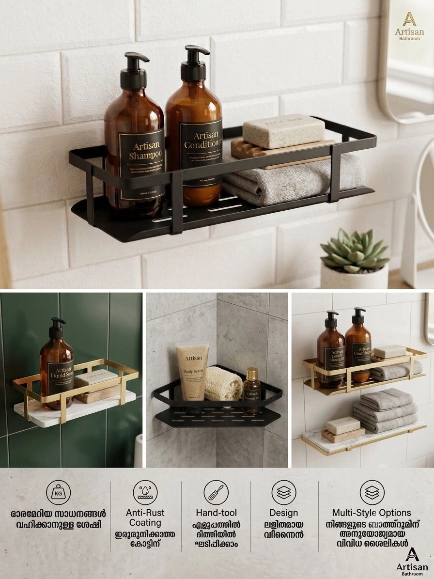 Wall Mounted Black Metal Bathroom Caddy | No-Drill Adhesive Shower Organiser Shelf with Anti-Rust Powder Coating for Shampoo, Soap & Cosmetics⁠ 2