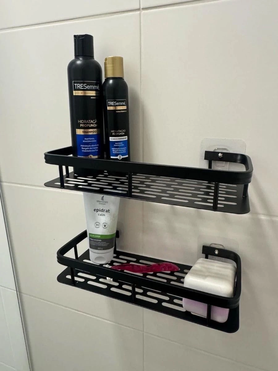 Wall Mounted Black Metal Bathroom Caddy | No-Drill Adhesive Shower Organiser Shelf with Anti-Rust Powder Coating for Shampoo, Soap & Cosmetics⁠ 3