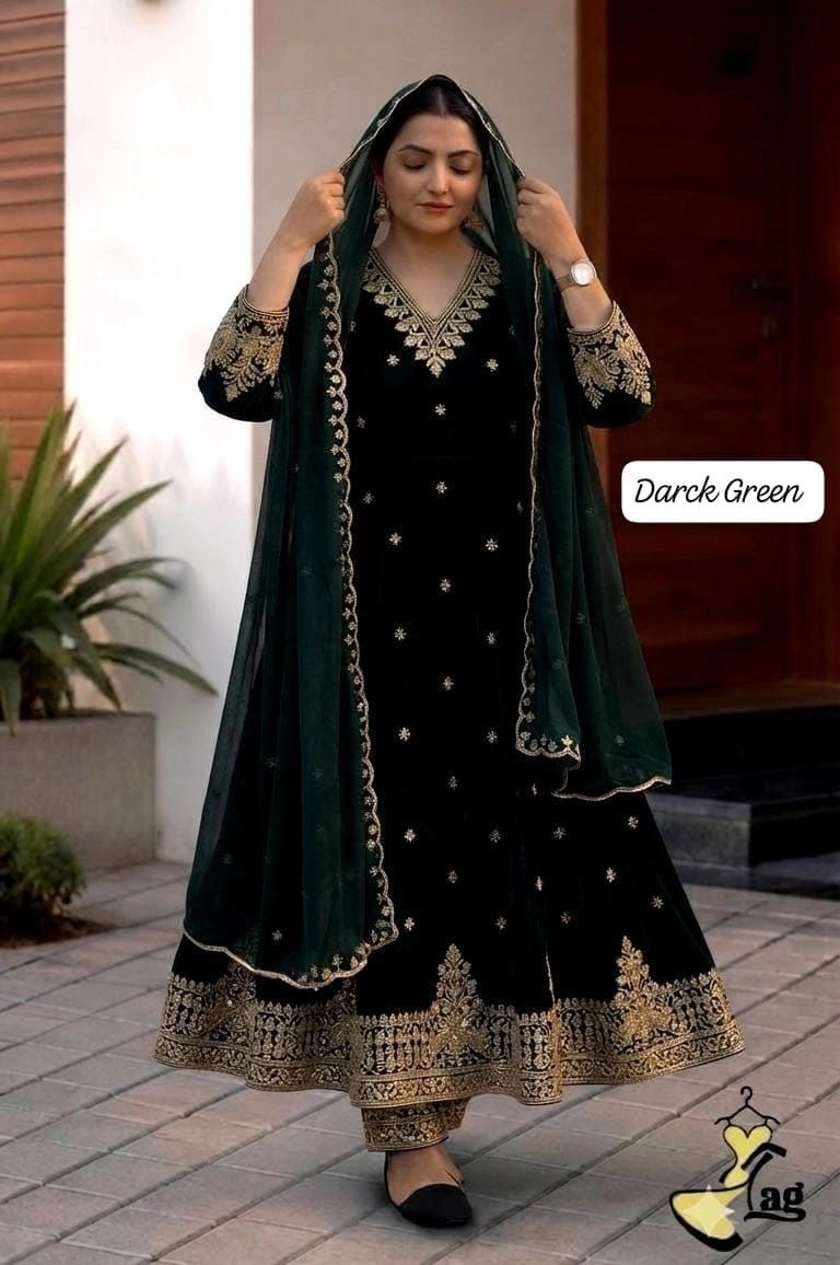 Embroidered Anarkali Suit Set with Organza Dupatta & Pant – Heavy Zari Embroidery Ethnic Dress for Women 1
