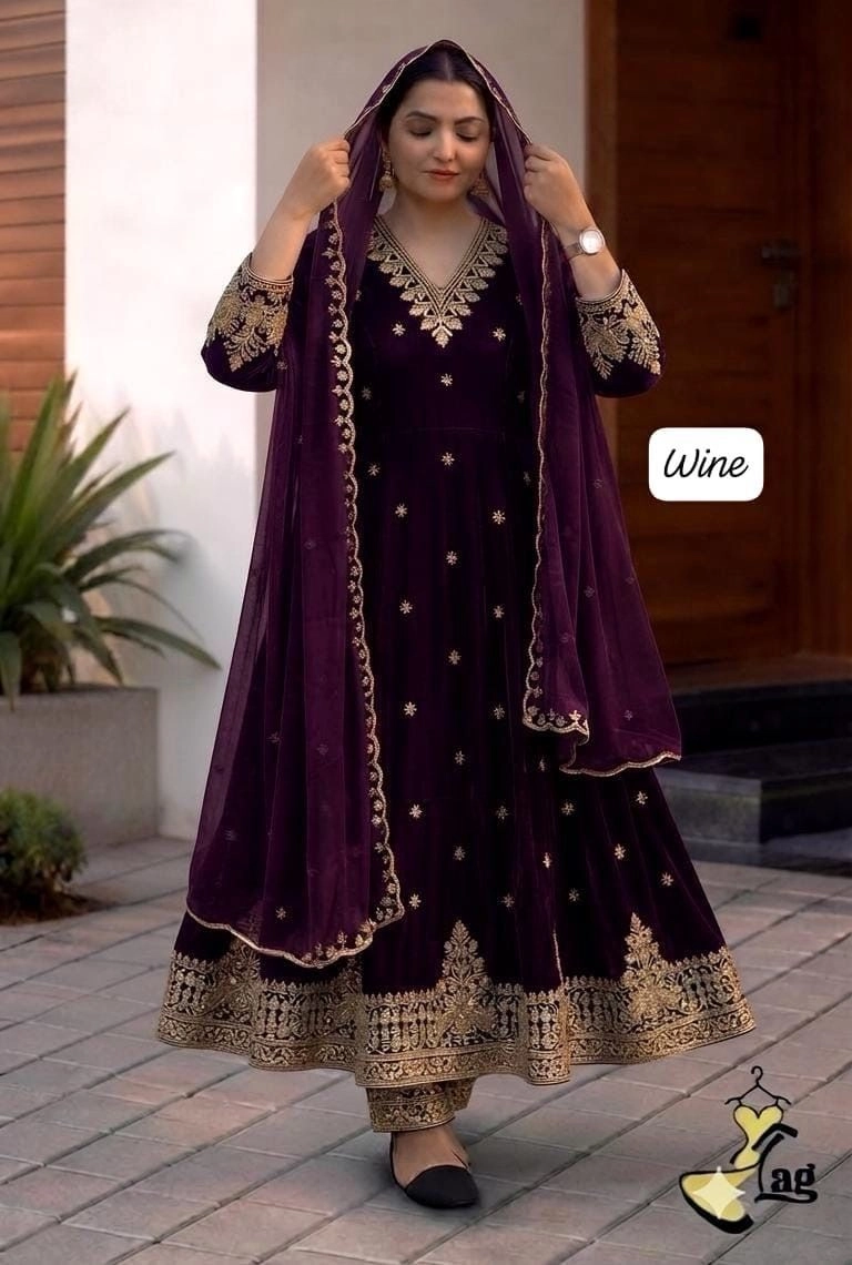Embroidered Anarkali Suit Set with Organza Dupatta & Pant – Heavy Zari Embroidery Ethnic Dress for Women 2