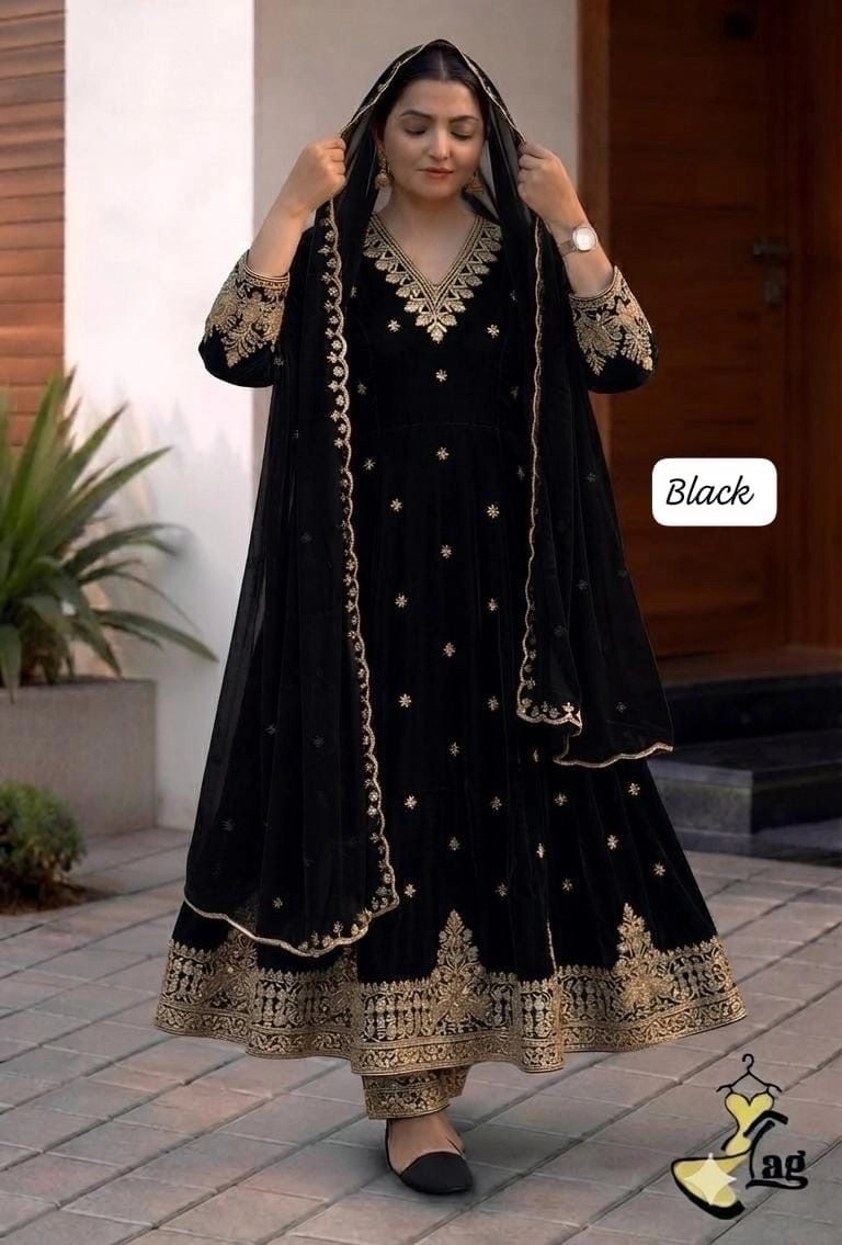 Embroidered Anarkali Suit Set with Organza Dupatta & Pant – Heavy Zari Embroidery Ethnic Dress for Women 3
