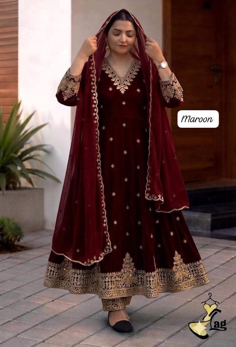 Embroidered Anarkali Suit Set with Organza Dupatta & Pant – Heavy Zari Embroidery Ethnic Dress for Women 4