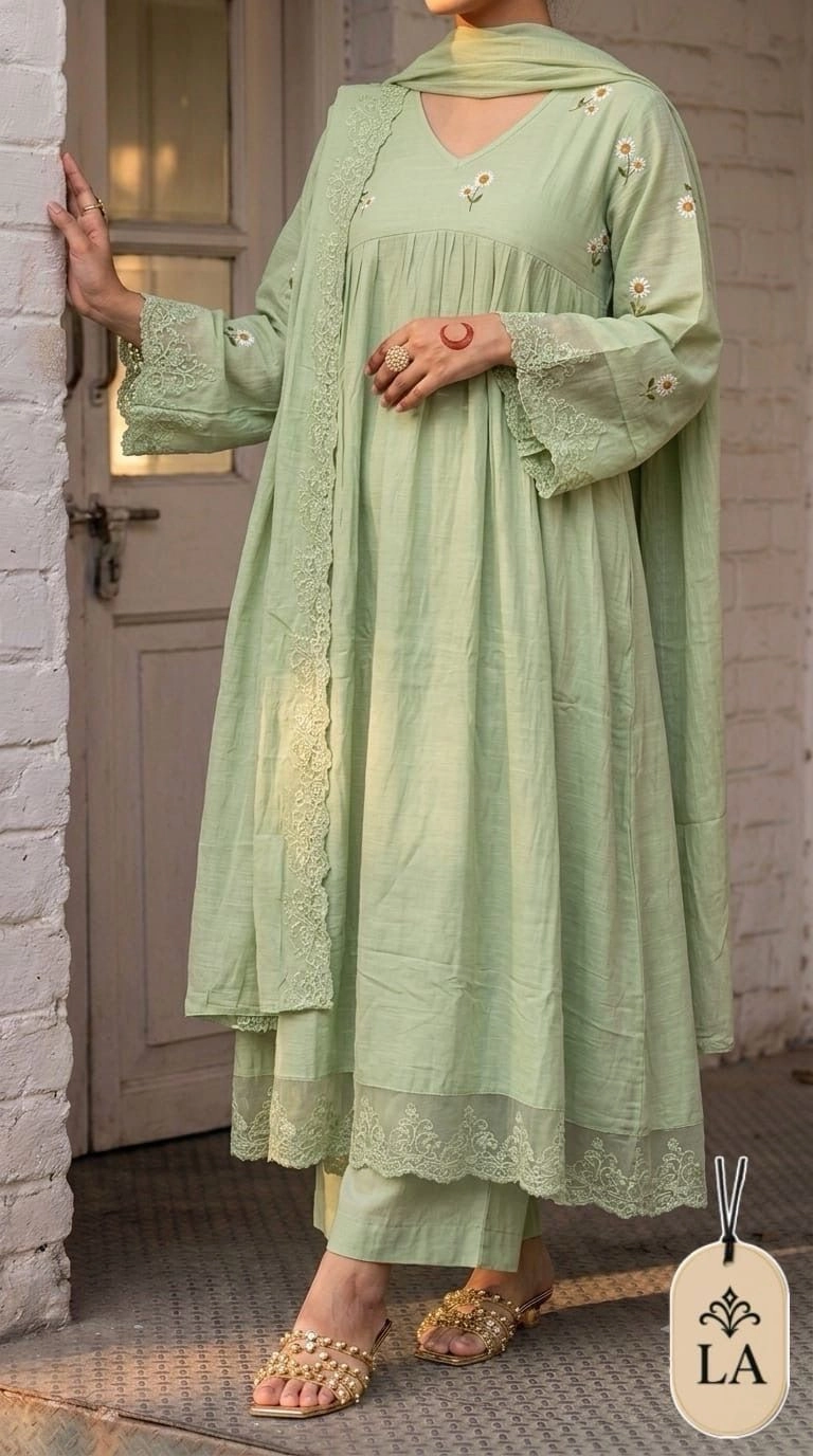 Women's Pure Cotton Floral Embroidered Anarkali Suit Set with Dupatta & Pant – Elegant Schiffli Cutwork Lace Flared Kurta Set 1