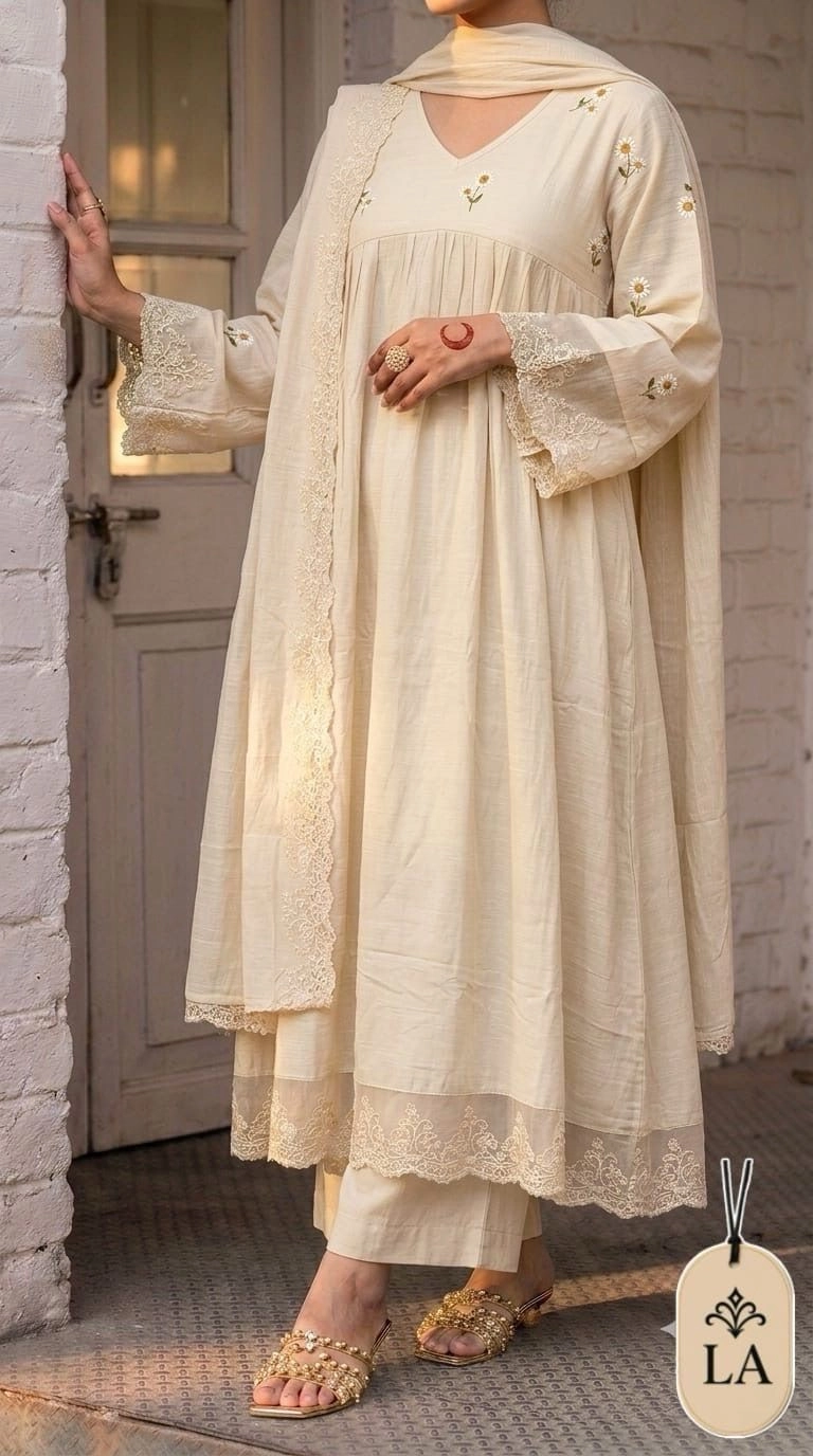 Women's Pure Cotton Floral Embroidered Anarkali Suit Set with Dupatta & Pant – Elegant Schiffli Cutwork Lace Flared Kurta Set 3
