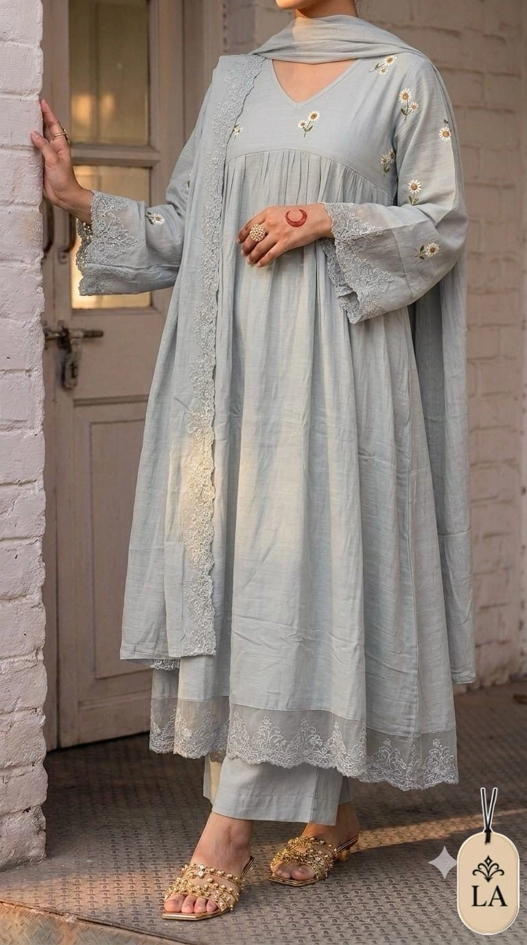 Women's Pure Cotton Floral Embroidered Anarkali Suit Set with Dupatta & Pant – Elegant Schiffli Cutwork Lace Flared Kurta Set 4