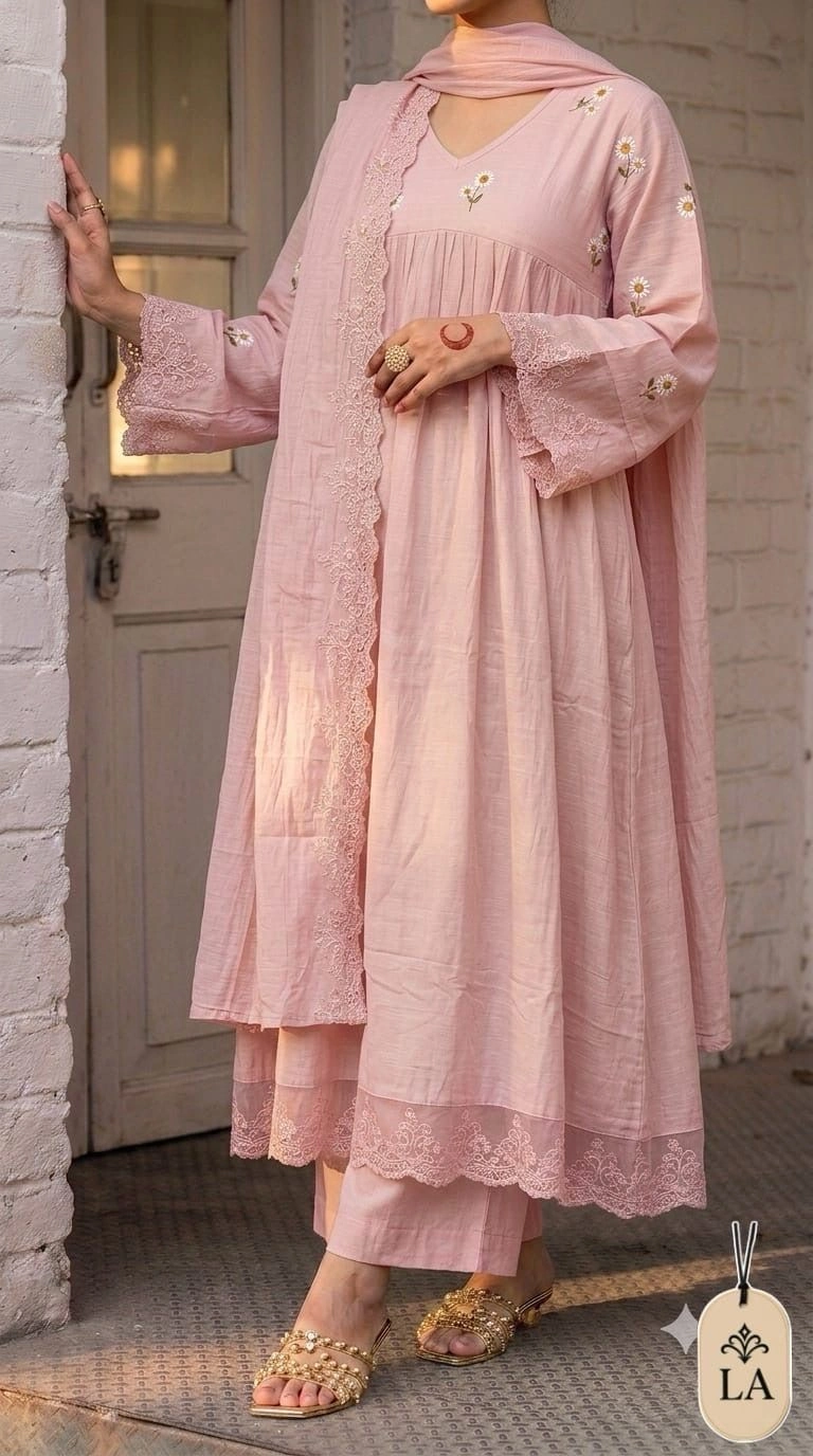Women's Pure Cotton Floral Embroidered Anarkali Suit Set with Dupatta & Pant – Elegant Schiffli Cutwork Lace Flared Kurta Set 5