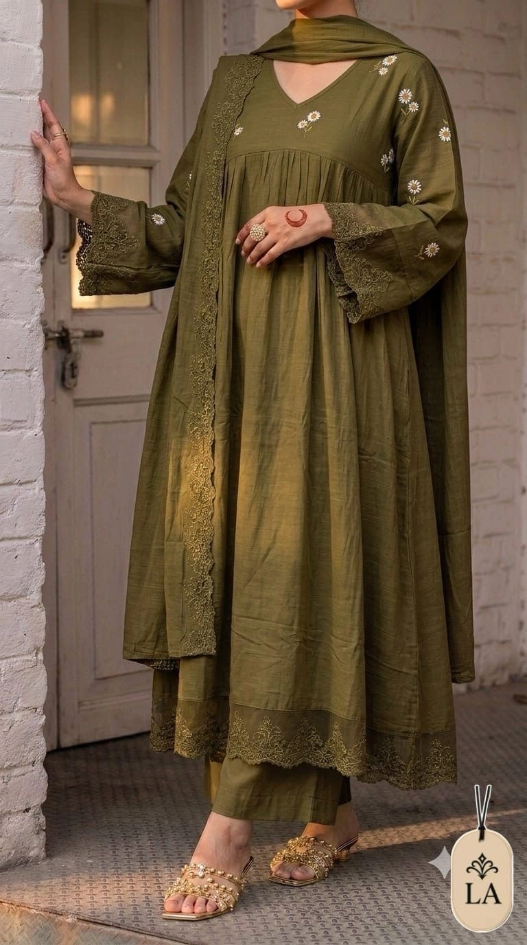Women's Pure Cotton Floral Embroidered Anarkali Suit Set with Dupatta & Pant – Elegant Schiffli Cutwork Lace Flared Kurta Set 6