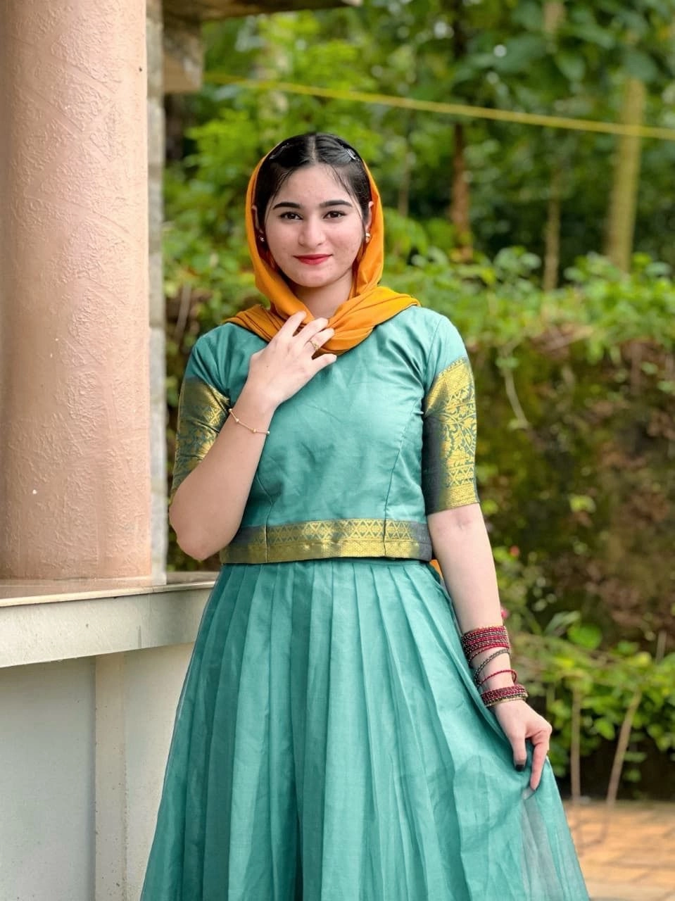 Onam special South Indian Ethnic Silk Lehenga Choli Set for Women | Pleated Skirt & Blouse with Golden Zari Border and Contrast Yellow Hijab Dupatta⁠by 2