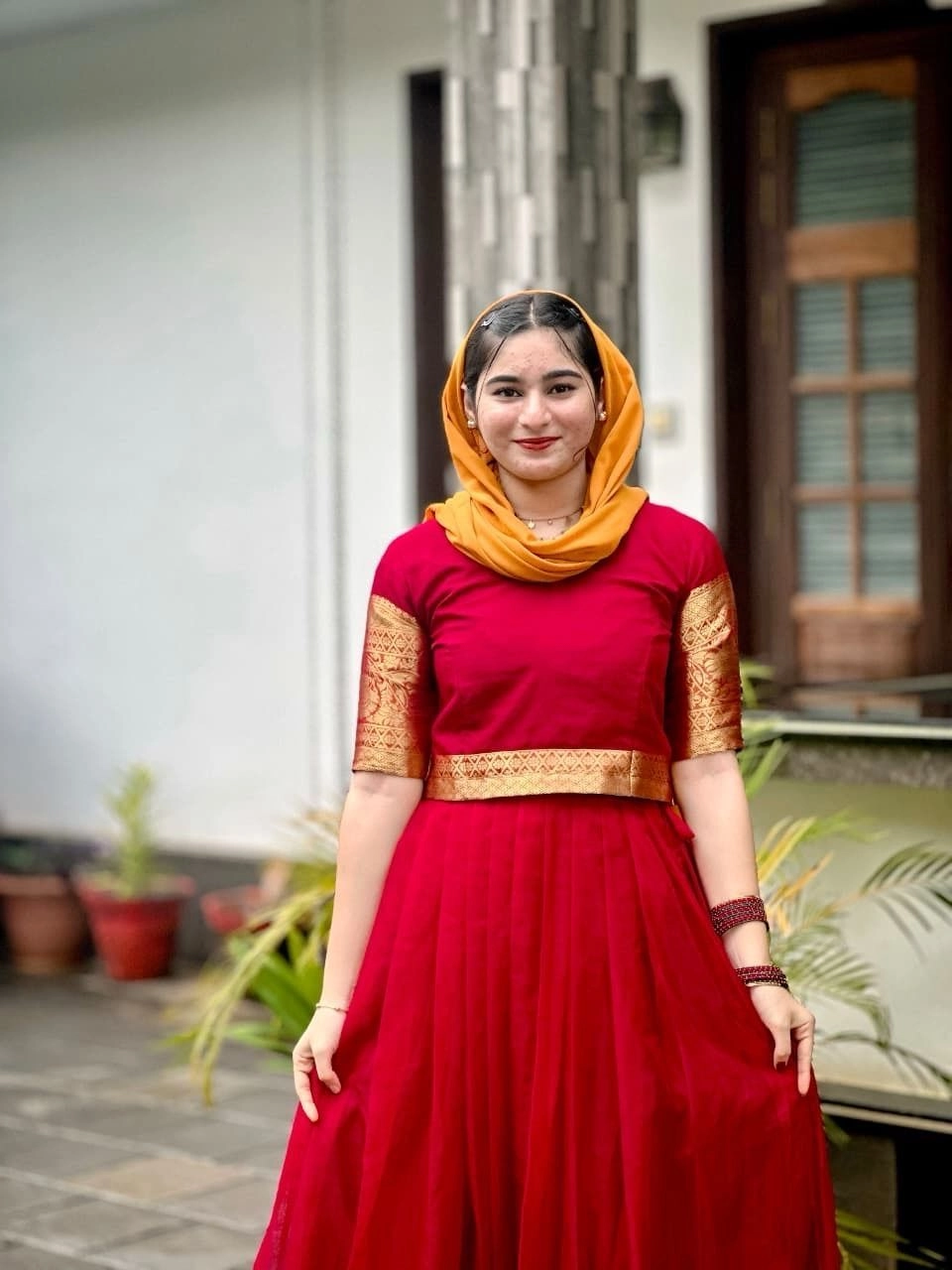 Onam special South Indian Ethnic Silk Lehenga Choli Set for Women | Pleated Skirt & Blouse with Golden Zari Border and Contrast Yellow Hijab Dupatta⁠by 3