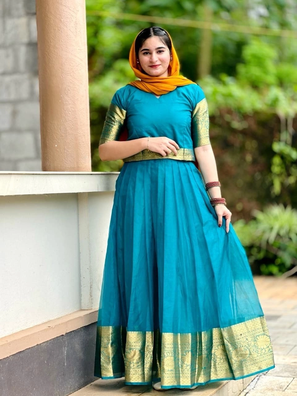 Onam special South Indian Ethnic Silk Lehenga Choli Set for Women | Pleated Skirt & Blouse with Golden Zari Border and Contrast Yellow Hijab Dupatta⁠by 4