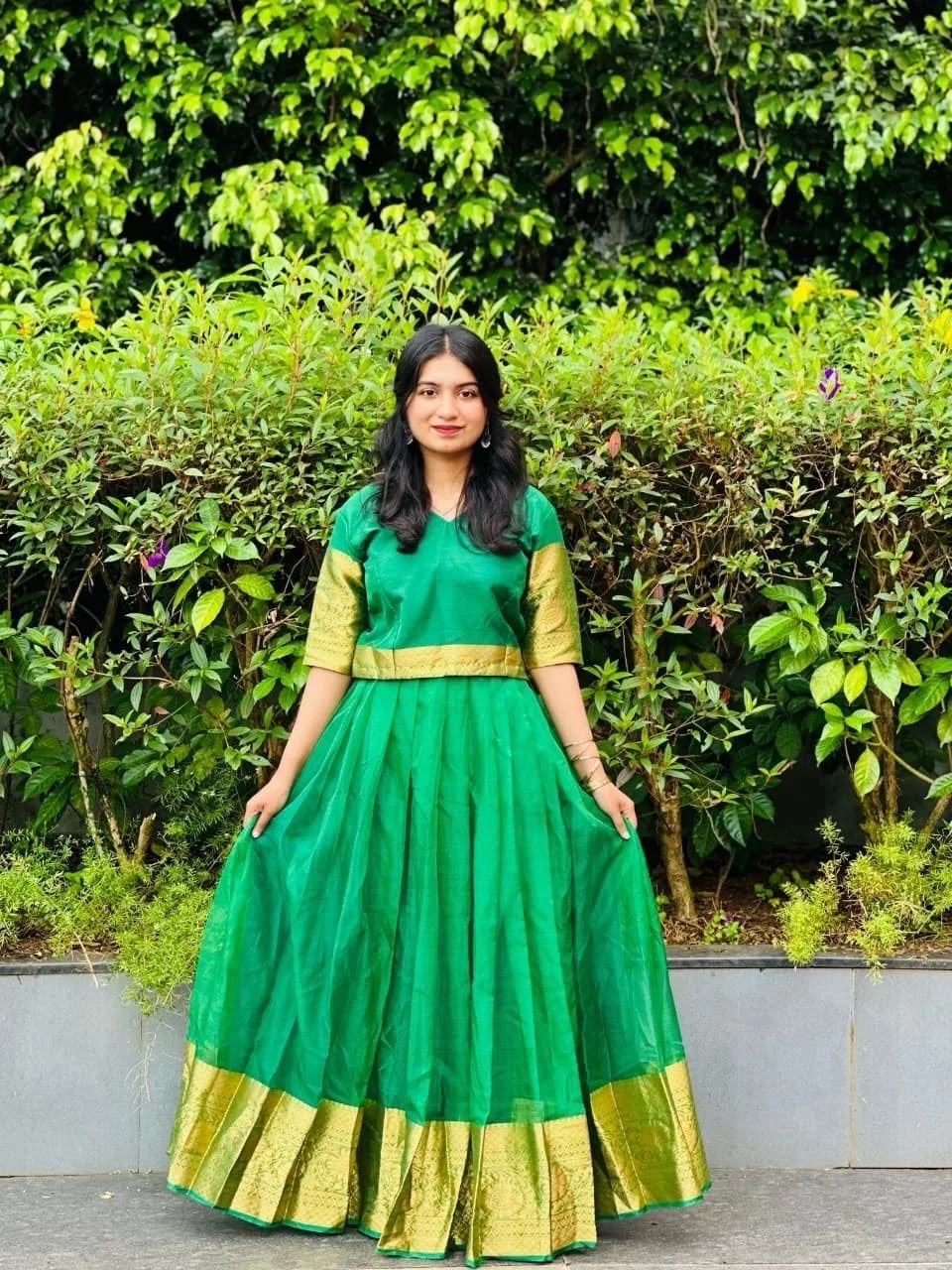 Onam special South Indian Ethnic Silk Lehenga Choli Set for Women | Pleated Skirt & Blouse with Golden Zari Border and Contrast Yellow Hijab Dupatta⁠by 5